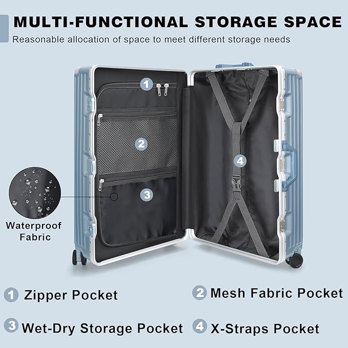 AnyZip Luggage PC+ABS Aluminum Frame Zipperless Checked Luggage Hard Shell Suitcase with TSA Lock Double Spinner Wheels 28 Inch Haze Blue