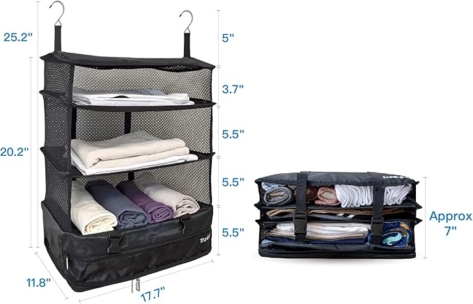 Grand Fusion Stow-N-Go Packing Organizer for Luggage, Portable Hanging Travel Shelves, Carry-On Closet, Hanging Packing Cubes, Collapsible Carry-On Organizer for Cruises & Hotels. Black - XL