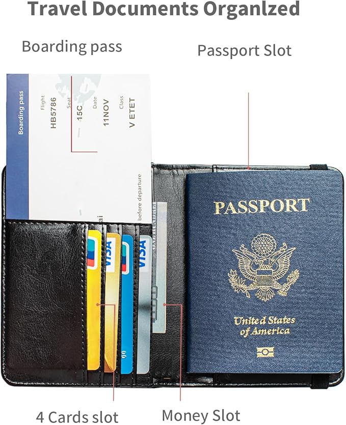 Passport Holder and Card Slot Combo RFID Blocking Leather Travel Passport Wallet for Men and Women US Passport Cover, Black