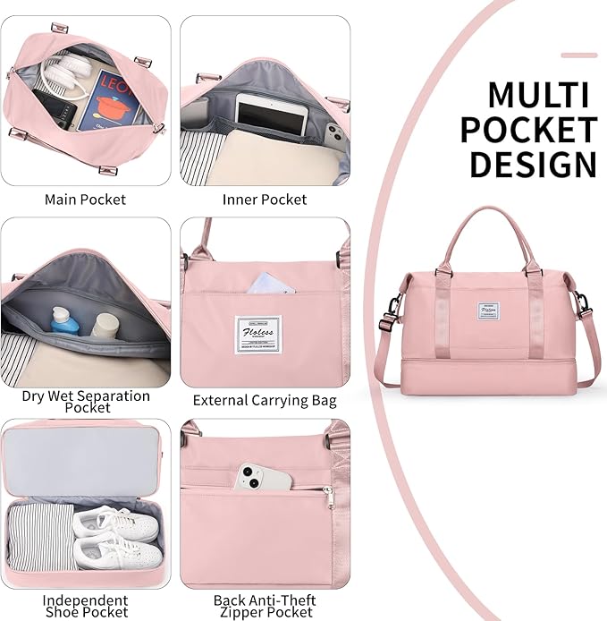 HYC00 Travel Duffel Bag,Carry-on Overnight Weekender Bags for Women,Sports Tote Gym Bag with Wet Pocket