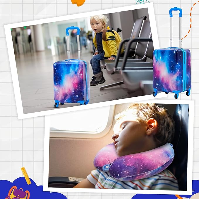 Redbaker 17 Inch 6 Pcs Kids Luggage Set Kids Rolling Luggage Double Pattern Suitcase for Boys Girls (Blue Purple, Starry Sky Style)