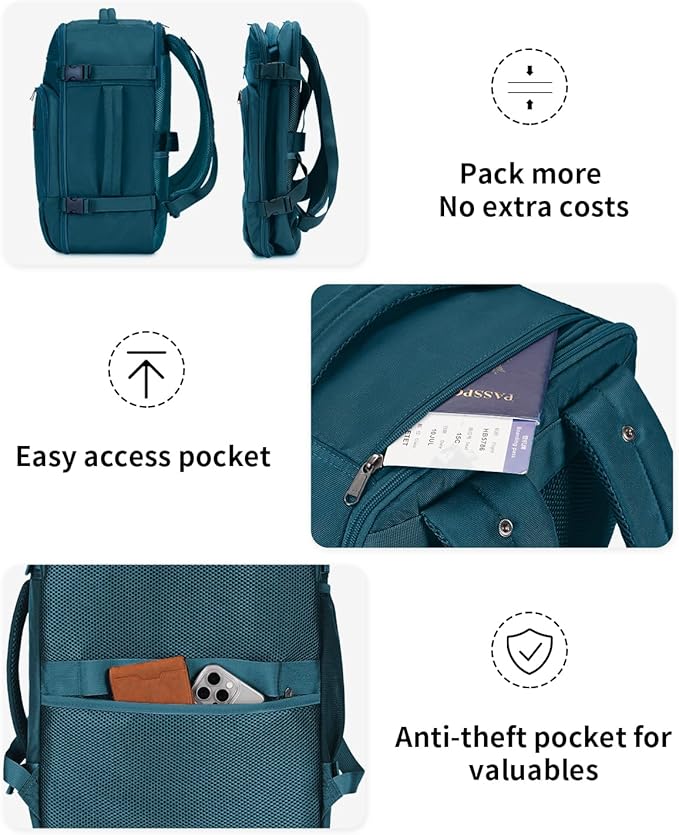 ECOHUB Travel Backpack for Women, 18x14x8 Spirit Airlines Personal Item Bag with Clear Toiletry Bag, Laptop Carry on Backpack with USB Port, Airline Approved Under Seat 14 Pockets, Blue Green