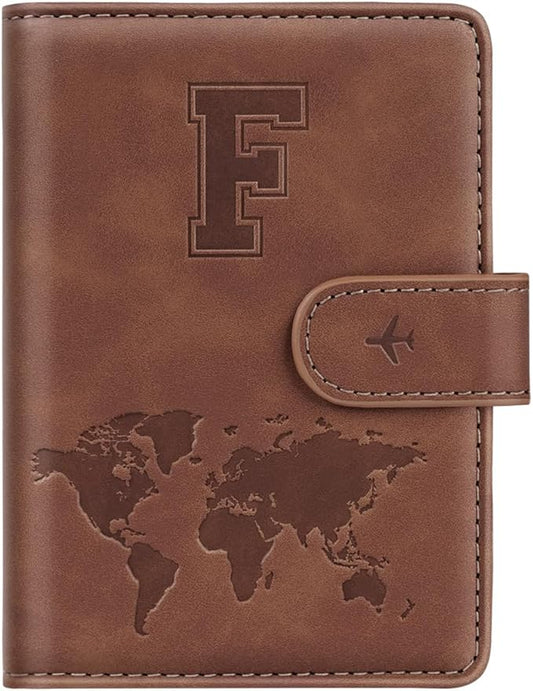 Passport Holder Wallet Cover Personalized Letter A-Z Travel Wallet RFID Blocking Passport Cover Wallet Case for Travel Passport Book Holders for Women and Men, Brown-F