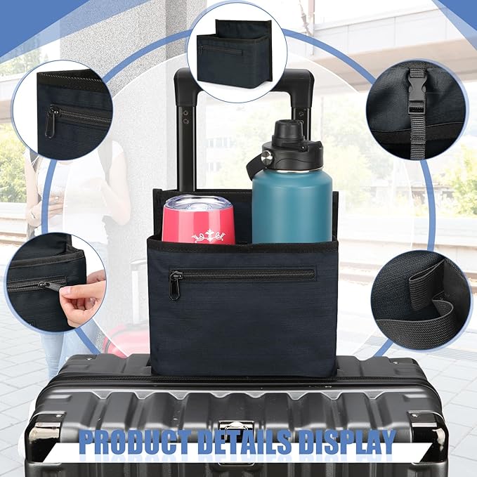 ZHCHG Luggage Travel Cup Holder Attachment for Suitcase Drink Carrier Caddy, Coffee Mug and Tumblers, Traveler Carry on Hands Free Accessory- Gifts for Flight Attendants Travelers Accessories- Navy