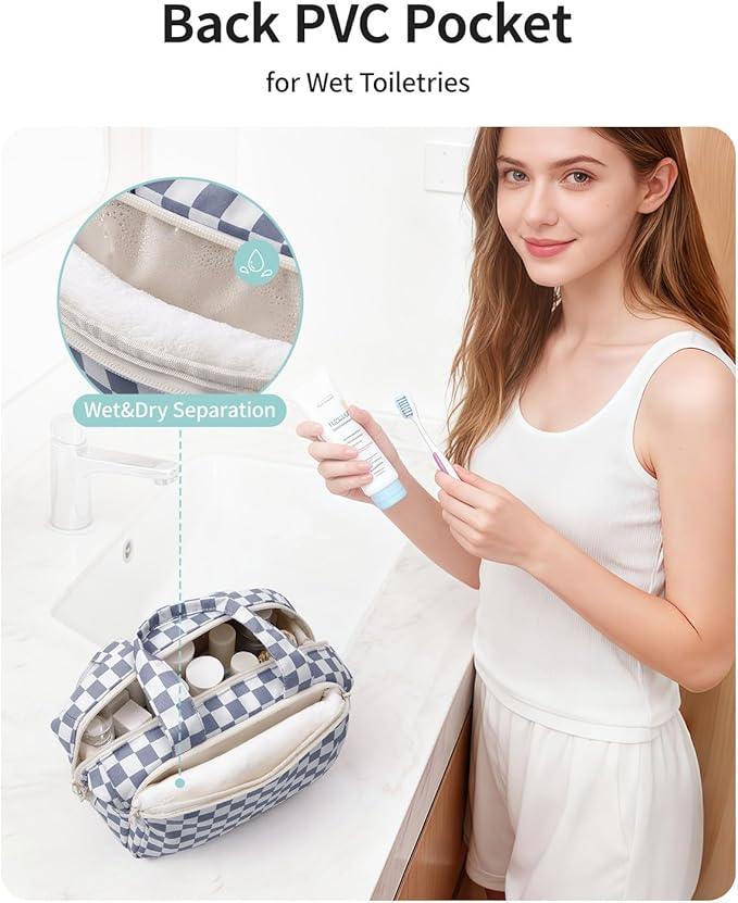 Narwey Travel Toiletry Bag for Women Checkered Large Capacity Makeup Bag Wide Open Cosmetic Make Up Organizer with Wet Pocket for Towel Travel Bag for Toiletries Essentials (Greyish Blue Checkerboard)