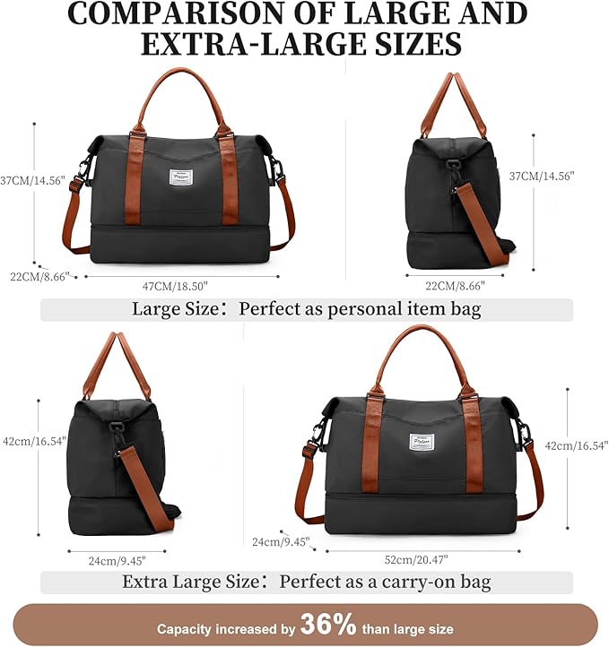 Weekender Bags for Women,Extra Large Travel Duffle Overnight Bag with Shoe Compartment,Personal Item Carry On Bag with Grid Toiletry Bag,Black & Brown