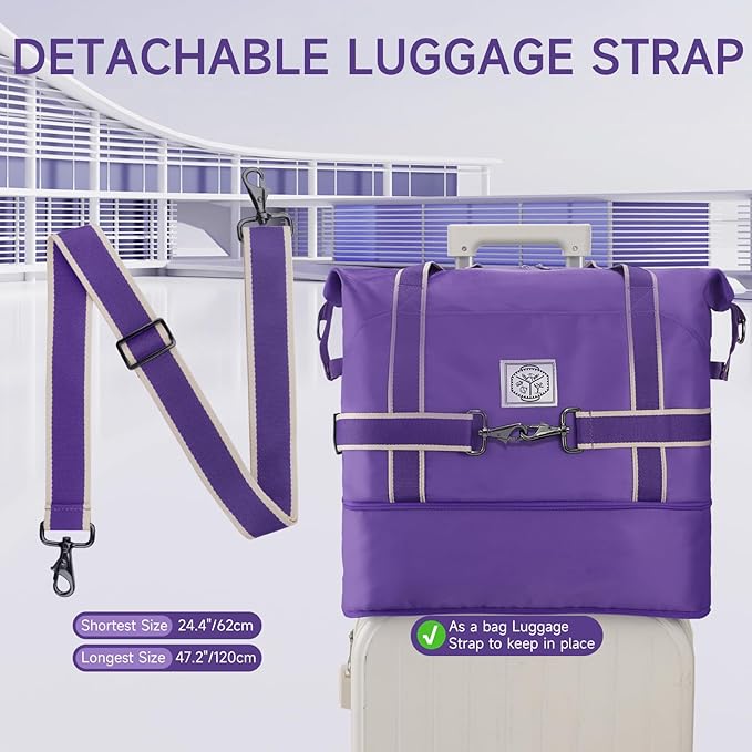 WALNEW Travel Duffel Bag, Weekender Overnight Carry On Bag for Women Men, Foldable Waterproof Gym Luggage Duffle Bag with Metal Buckle Detachable Shoulder Strap and Wet Compartment (Purple)