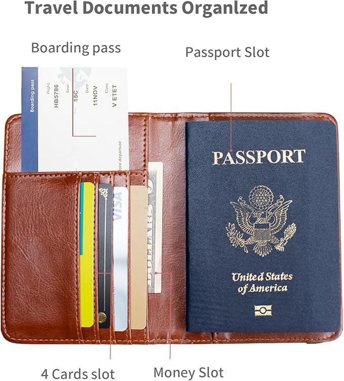 Passport Holder Cover and Card Case Slot Combo RFID Blocking Leather Travel Passport Wallet for Men and Women US Passport Protector Document Organizer,Brown