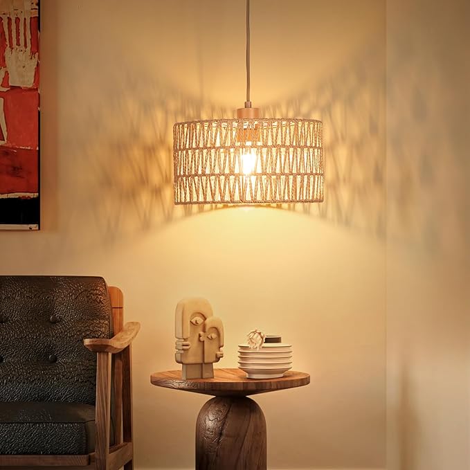 Qingmiao Boho Plug in Pendant Light, Handwoven Shade, 3 Way Bulb, 14ft Cord | Rattan Hanging Lamp Plug in, Dimmable Hanging Light Fixture for Living Room Bedroom Kitchen Ceiling Farmhouse Home Decor