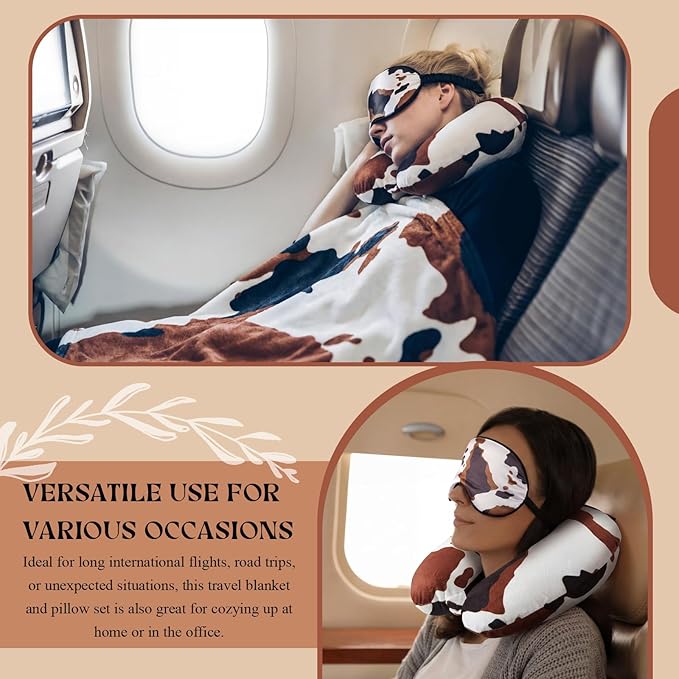5 Pcs Travel Pillow and Blanket Set, 5 in 1 Travel Airplane Compact Includes 40 x 60 Inch Throw Blanket Eye Mask Neck Pillow Earplug and Bag Gifts for Travelers Women(Cow Print,Brown)