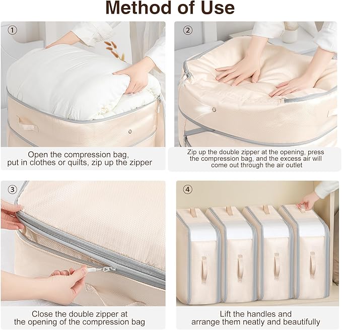 6 Pack Compression Storage Bags - 110L Large Capacity Comforter Storage Bag, 3-Layer Washable Ultra Space Saving Self Compression Organizer Space Bags for Blankets, Sweaters, Sheets, Beige