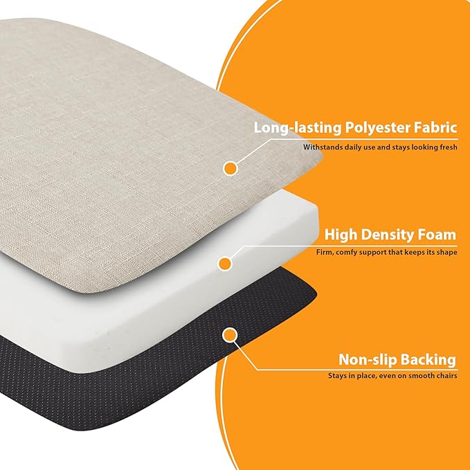 Chair Cushions for Dining Chairs, 2" Thick Seat Cushions for Kitchen Chairs, D-Shaped Chair Pads with Washable Cover, Ties and Non Slip Backing, 17'' x 16'', Set of 6, Beige