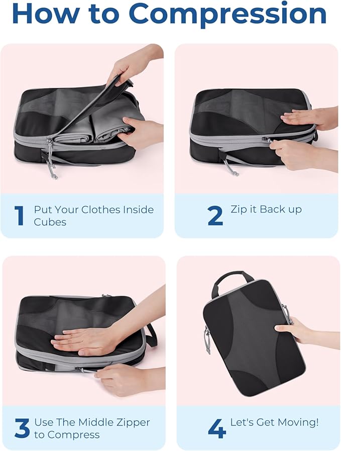 BAGSMART Compression Packing Cubes for Travel, Compressible Luggage Organizer for Cruise Ship, Lightweight Travel Essentials 6-Pack 1L+2M+2S+1Shoe Bag
