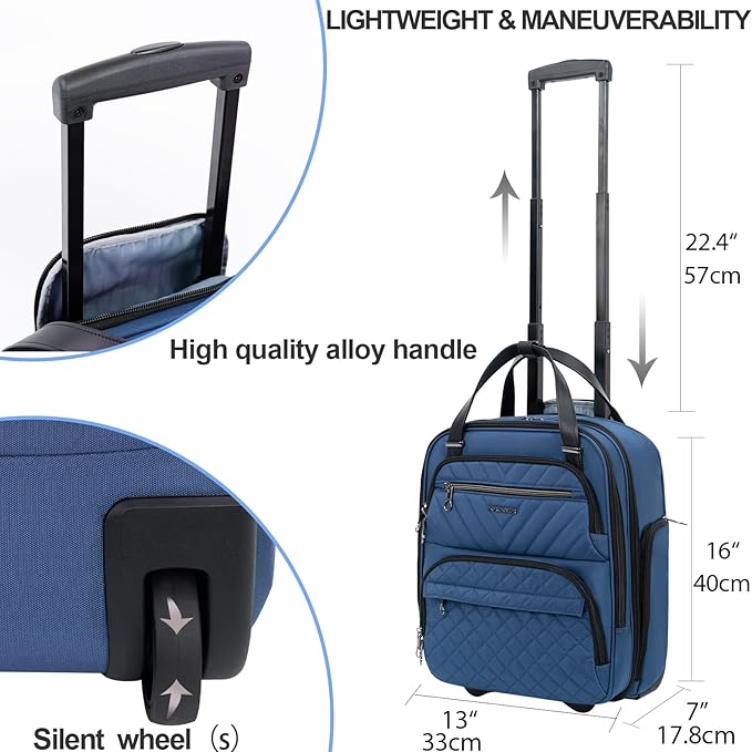 KROSER Carry On Underseat Multi-functional, 16-inch Underseater Lightweight Overnight Suitcase for Women, Haze Blue