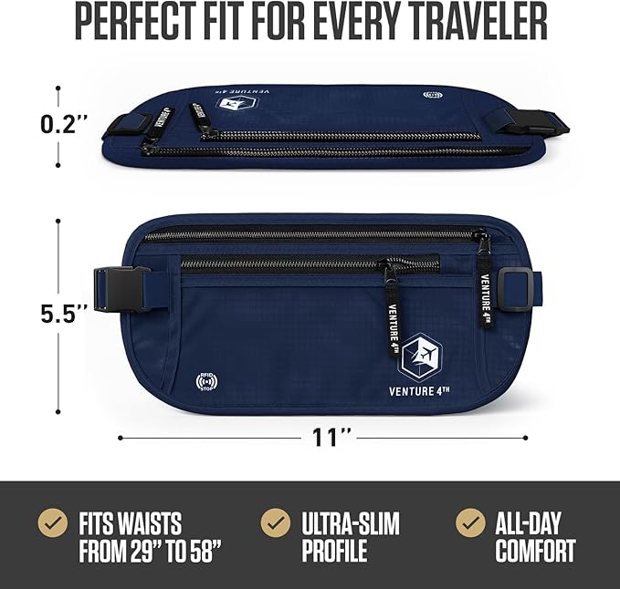 VENTURE 4TH Money Belt for Travel – Hidden Under-Clothes RFID Blocking Passport Holder & Slim Travel Wallet Pouch for Men & Women to Protect Cash, Cards & Documents (Navy Blue)