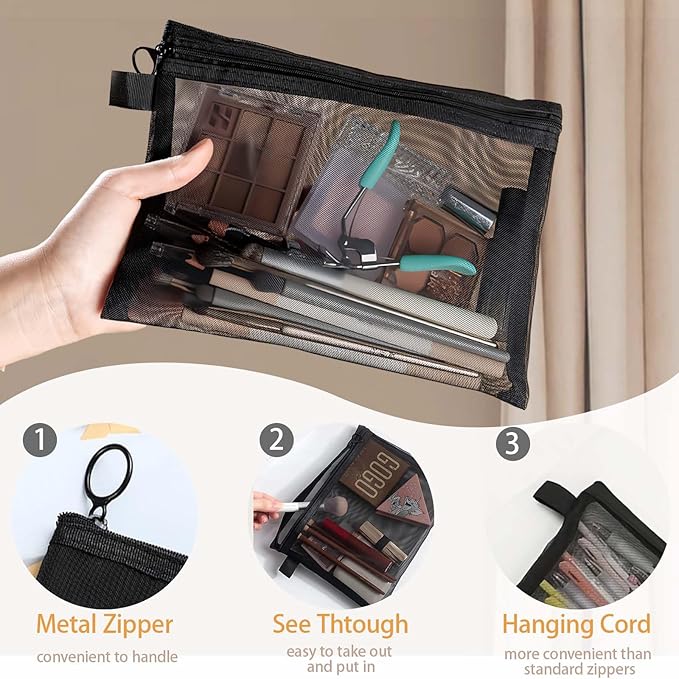 3 Pcs Mesh Zipper Pouch Makeup Bags Set, Portable Mesh Cosmetic Bag Travel Toiletry Storage Bags Pencil Purse Organizer Pouches for Home Office Daily or Traveling Accessories Keep Small Items(Black)