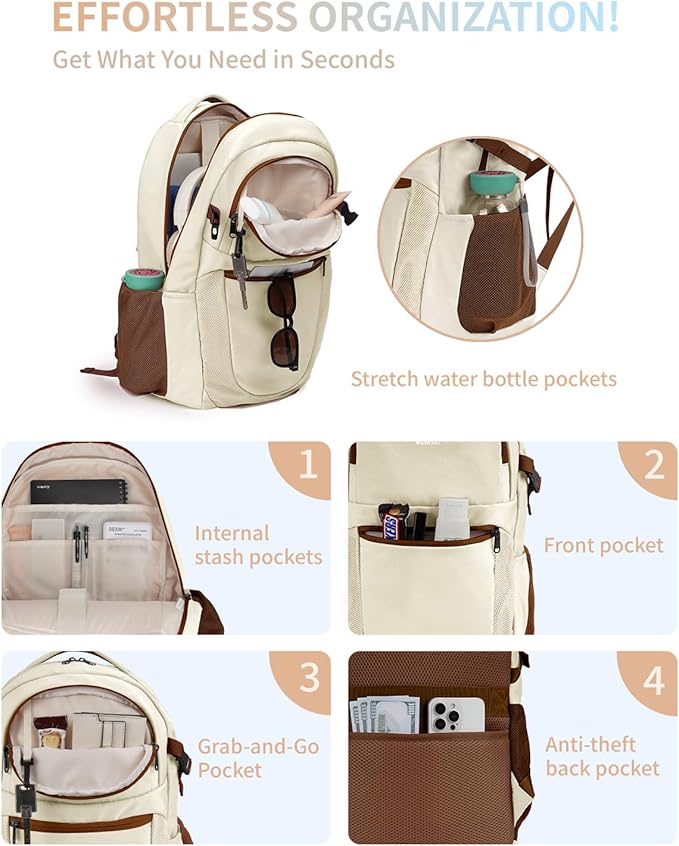 ECOHUB Travel Backpack for Women, 17.3 inch Suspended Laptop Backpack, Fashion Water-Resistant College Computer Bookbag, 28L Personal Item Bag with 12 Pockets for Causal, Work, Cream & Brown