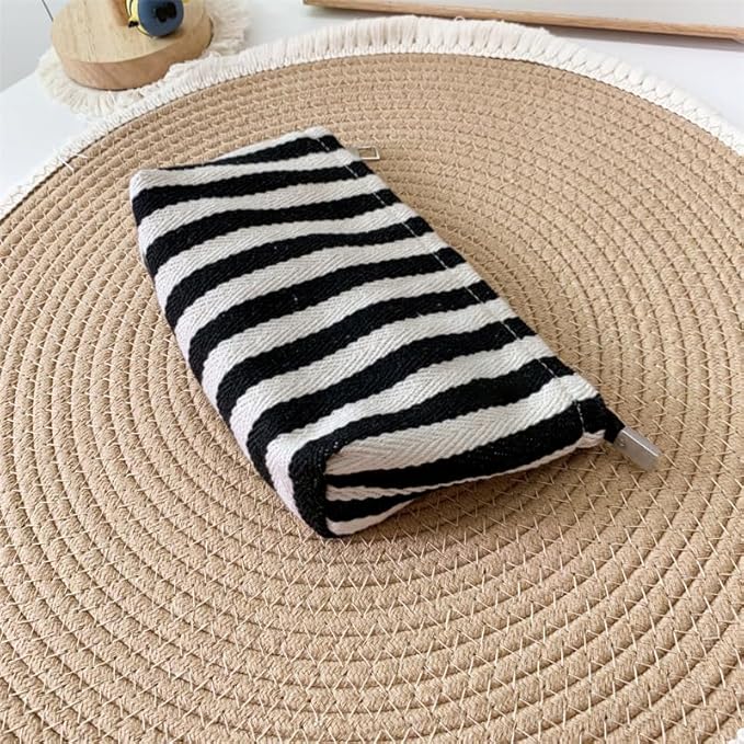 HAPPYHEIDI Small Black White Stripe Makeup Brush Bag Zipper Pouch Women Girls Purse Organizer,Canvas Lined, Premium Zipper