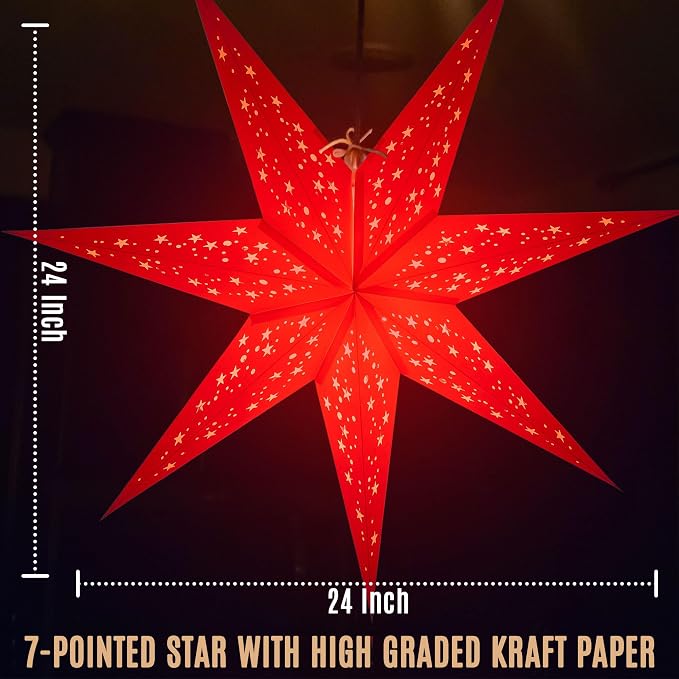 GalaxyArts Paper Star Lanterns, 24 Inch Naxatra (White Medium) Light Up Hollow Out 7 Pointed Star Hanging Lamp Decoration for Wedding Holiday Birthday Party Christmas Celebration Indoor Outdoor Décor