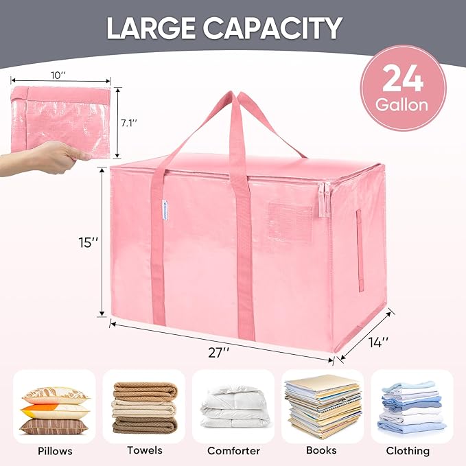 TICONN 2 Pack Extra Large Moving Bags Heavy Duty with Zippers & Carrying Handles, Durable Storage Bags Moving Boxes for Closet Organizers and Storage (2 Pack, Coral)