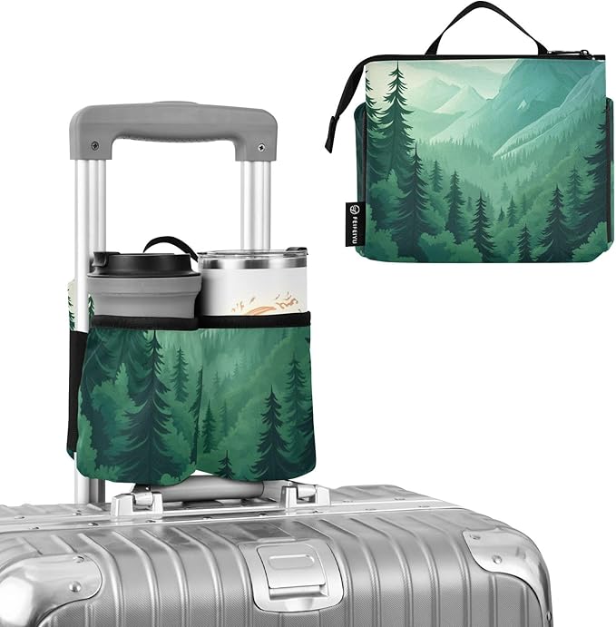 Mountain Forest Trees Green 02 Luggage Cup Holder Travel Portable Free Hand Drink Carrier Suitcase Drinks Beverage Holder Carry-On Bottle Mug Holder Organizer Bag Travelers Accessories