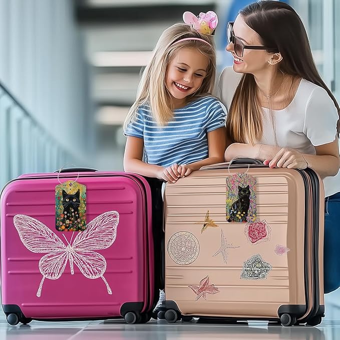 2 PCs Floral Cat Stuff Luggage Tag, Suitcase Tags with Privacy Flap and Metal Loop, Luggage Tags for Suitcases, Identifiers Travel Essentials Bag Tag, Cat Lovers Gifts for Women Girls Friends Bestie