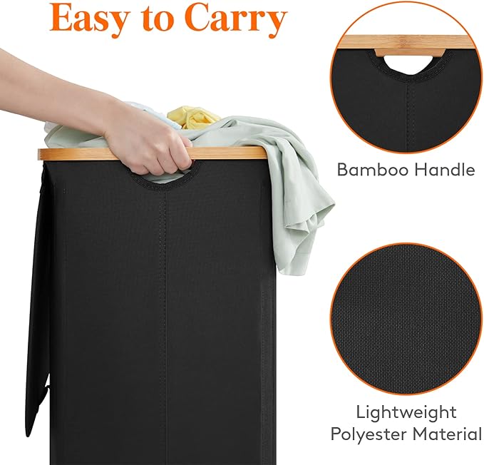 Lifewit 100L Laundry Basket with Lid, Clothes Hampers for Laundry with Bamboo Handles and 1 Removable Bag, Large Foldable Laundry Hamper for Bedroom, Bathroom, Dorm, Laundry Room, Black