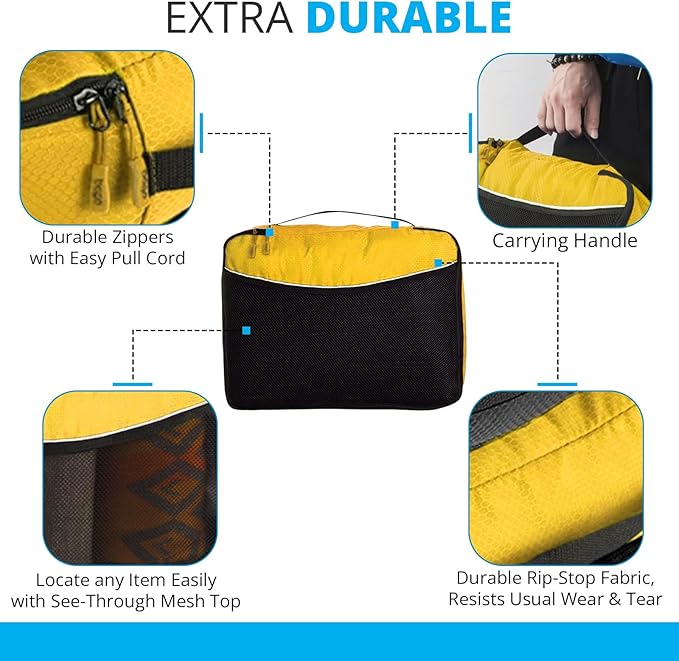 bago 7 Pcs Packing Cubes for Suitcases - 4 Travel Cubes with 3 ZipLock Bags - Luggage Organizer Bags to Get Maximum Storage, Save Time & Effort to Pack - Happy Traveling (Yellow)