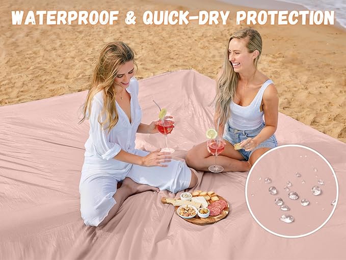 AlphaBeing Beach Blanket Waterproof Sandproof, Extra Large Beach Mat for 1–8 Adults, Oversized Picnic Blanket with 4 Stakes & Storage Bag, Essential Beach Gear for Travel