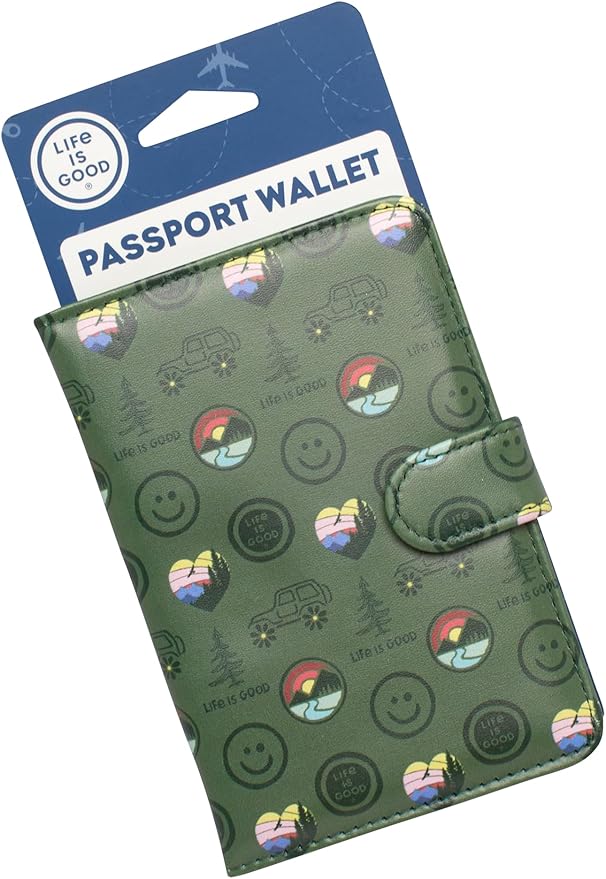 Life is Good Travel Passport Cover - Anti-Theft Passport Holder Wallet with Interior Card Slots with Magnetic Snap Closure, Outdoors