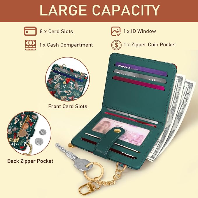 Jogjam Mushroom Green Rfid Ladies Wallet, Small Slim Thin Compact Credit Card Women Wallet, PU Leather Bifold Cash Zipper Coin Pocket ID Window for Female