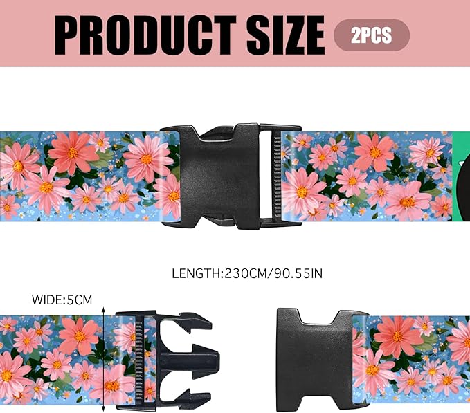 Nuxovilar Luggage Straps of 2 Set Pink Flowers Pattern, 1.96x90.5 inches - Luggage Straps for Suitcases, Fit for Summer Travel, Beach Trips, Daily Use