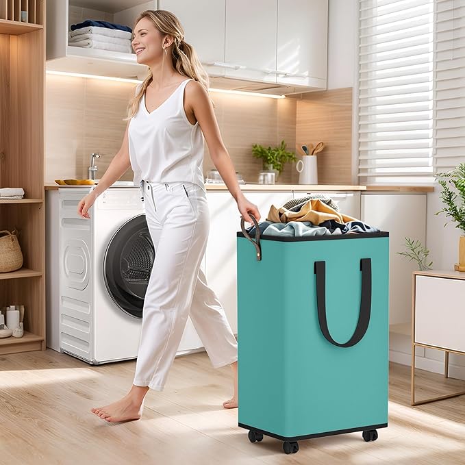 Laundry Basket with Wheels, Collapsible Laundry Baskets, Laundry Hamper with Handles Detachable Wheels, Rolling Laundry Basket, Dirty Clothes Hamper for Bathroom, Dorm, Bedroom, Green, 80L