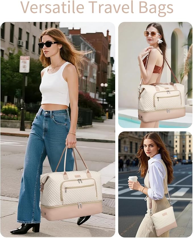 Weekender Bags for Women, Travel Duffle Bag Carry On Overnight Bag with Cosmetics Bag and Crossbody Purse for Gym Hospital, Gifts for Women, Beige Pink