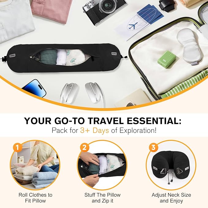 DreamShore Travel Pillow for Extra Luggage:Stuffable Neck Pillow with Adjustable Neck Size|Fits 3+ Days of Travel Essentials|Transformable Carry-On Solution|Soft Velvet Cover|No Filler(Black)