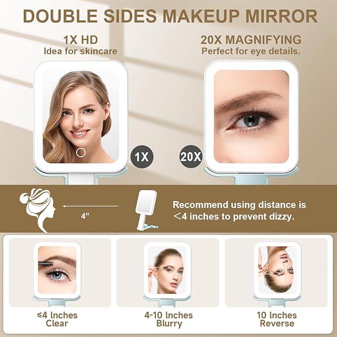 Mocado Travel Makeup Mirror with Lights,20X/1X Magnifying Mirror with Light, Double Sided Travel Mirror with 3 Color Light,Dimmable Touch, Lighted Makeup Mirror for Tabletop, Handheld, Hanging(Blue)