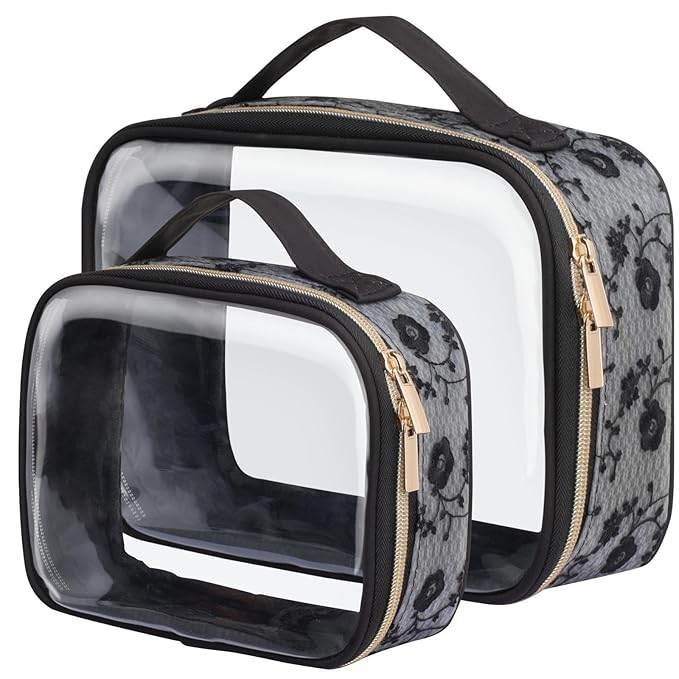 PACKISM Stylish TSA Approved Toiletry Bag Set, Floral Lace, Clear Makeup Bag with Handle, 1 TSA Medium & 1 Large for Travel, Gift for Women, Black