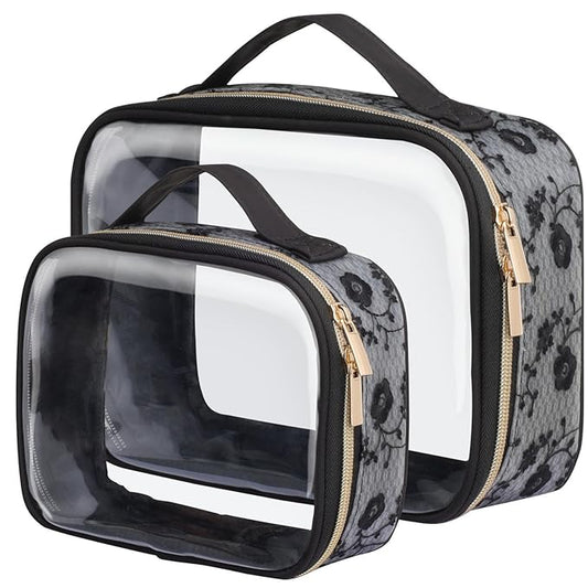 PACKISM Stylish TSA Approved Toiletry Bag Set, Floral Lace, Clear Makeup Bag with Handle, 1 TSA Medium & 1 Large for Travel, Gift for Women, Black