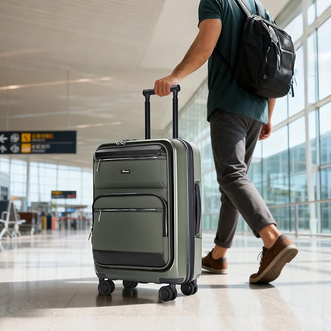 Luggage Sets 2 Piece, Carry On Luggage with Front Pocket & USB Port and 28 Inch Expandable Checked Luggage, Hybrid Soft Front & Hard Shell Suitcases with Spinner Wheels & TSA Lock, Green