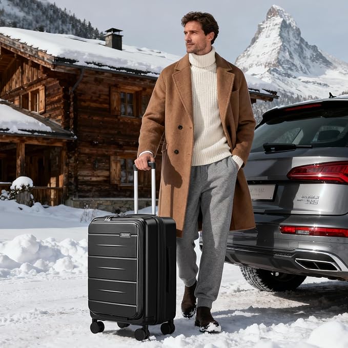 Carry On Luggage with Top Opening, Expandable with Front Pocket and USB Charging Port, Lightweight with Front Compartment Rolling Suitcases with Spinner Wheels (Black, 20 Inch)
