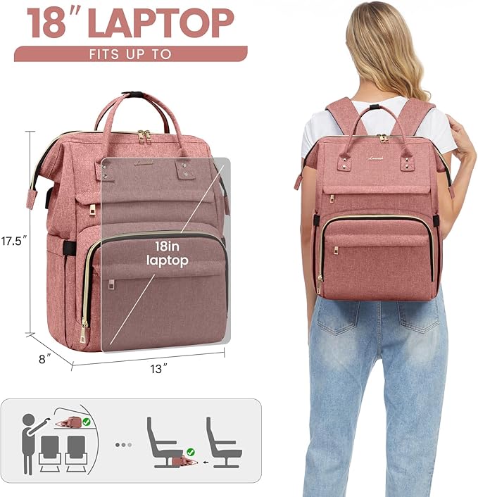 LOVEVOOK Laptop Backpack for Women,18 Inch Professional Womens Travel Backpack Purse Computer Laptop Bag Nurse Teacher Backpack,Waterproof College Work Bags Carry on Back Pack with USB Port,Light-pink