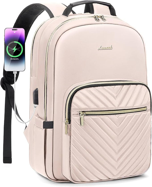 LOVEVOOK Laptop Backpack for Women 18.4 inch,Cute Womens Travel Backpack Purse,Professional Laptop Computer Bag,Waterproof Work Business College Teacher Bags Carry on Backpack with USB Port,Nude