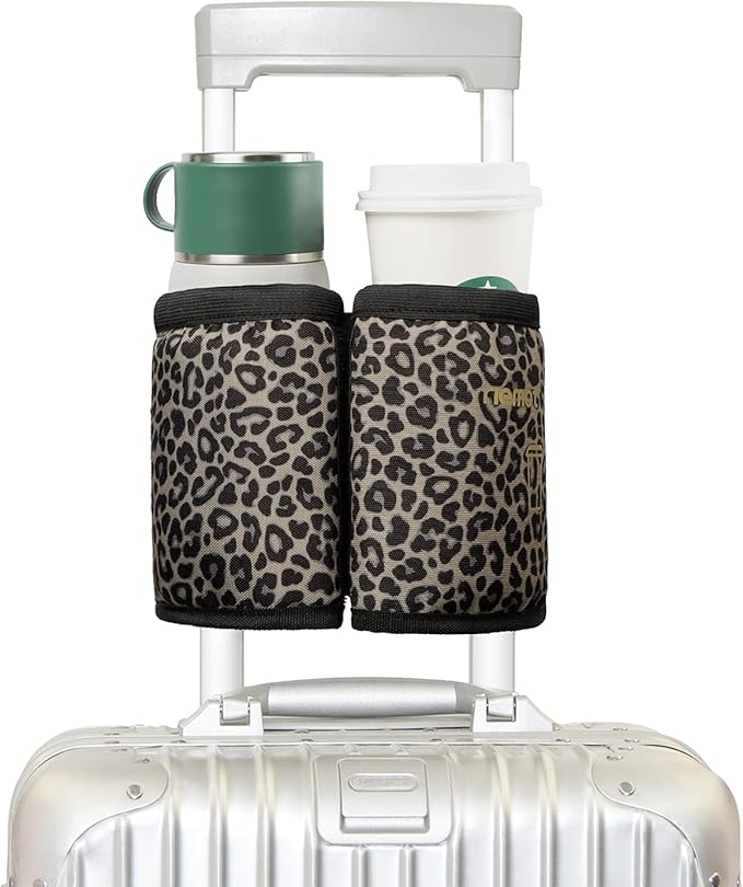 riemot Luggage Travel Cup Holder Free Hand Drink Carrier - Hold Two Coffee Mugs No Spill - Fits Roll on Suitcase Handles - Gifts for Flight Attendants Travelers Accessories Leopard