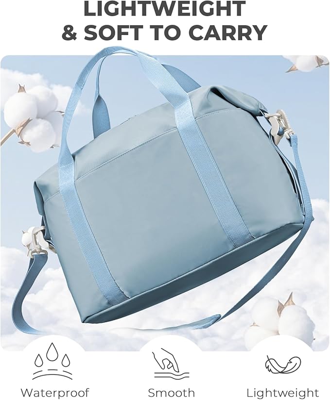 Percover Weekender Travel Duffel Bag for Women, Lightweight Soft-Structure 33L Carry-On, Water-Resistant Nylon with Shoulder Strap & Trolley Sleeve, Personal Item Friendly, Sky Blue