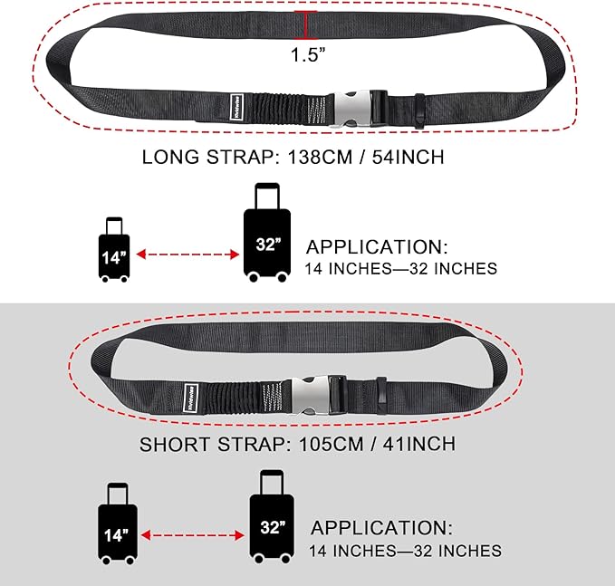 Luggage Straps, Stretchable Luggage Connector Straps for Suitcases, Metal Buckle Add A Bag Adjustable Attachment Accessories Belts (Black-Metal Buckle, 1.5" W)