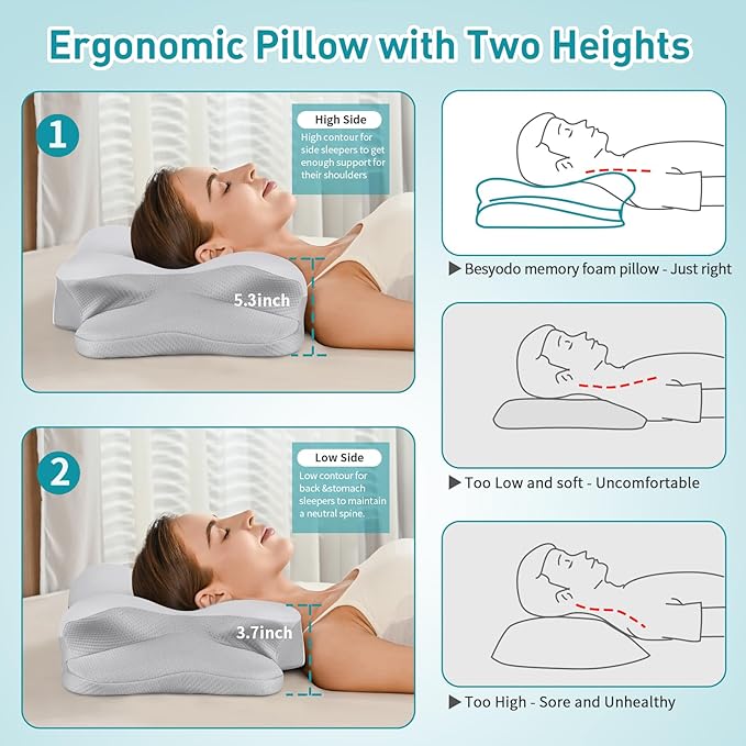 Cervical Neck Pillow for Pain Relief - Ergonomic Memory Foam Pillow for Sleeping, Contour Side Sleeper Pillow for Neck Support, Cooling Orthopedic Pillow Bed Pillow for Side Back Stomach Sleepers