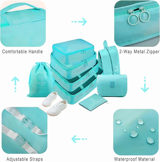 Packing Cubes, 8 Pcs Travel Packing Organizers for Suitcases, Large Capacity Travel Luggage Organizers Set includes 8 Storage Bags (Sky Blue)
