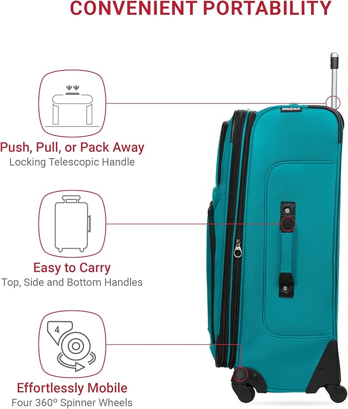 SWISSGEAR Sion Softside Expandable Spinner Luggage Durable Lightweight Travel Suitcase, Teal, Checked-Medium 25-Inch