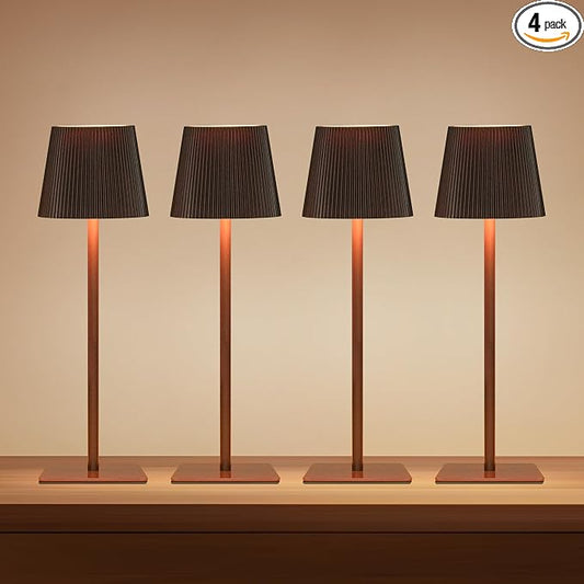 LUTEC 4 Pack Cordless Table Lamp,6000mAh Rechargeable Battery Operated Desk Lamp,Two Adjustable Heights,Waterproof, Touch Control & 3 Color Stepless Dimming for Restaurant/Bedroom/Bars/Outdoor (Brown)