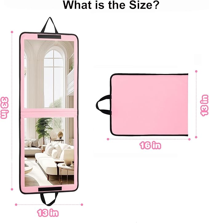 LPHUMEX Foldable Full Length Mirror Pink with Black Handles, 13x33 Portable Folding Body Mirror for Dance, Festival, Travel